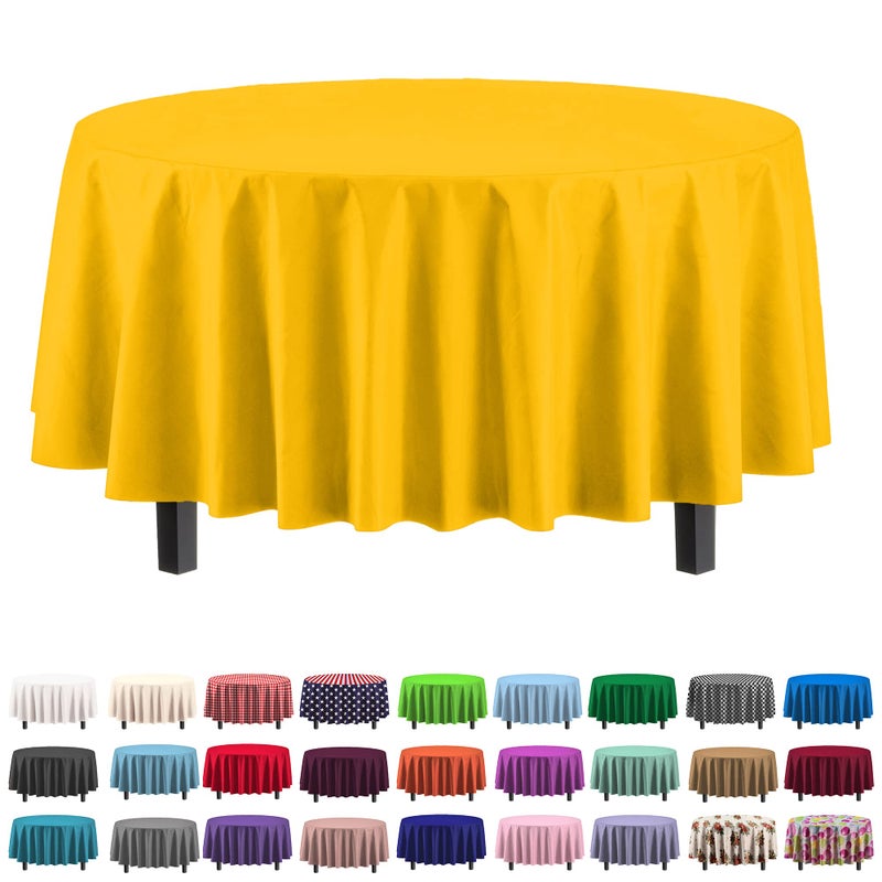Exquisite 12-Pack Premium Plastic Tablecloth 84in. Round Table Cover - Yellow - Image 1